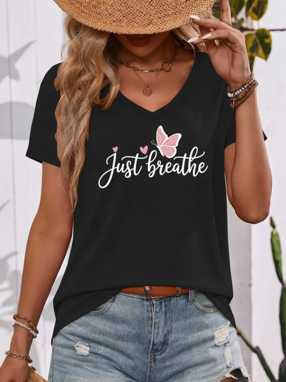 New Black Pullover T-shirt V Neck Short Sleeve Butterfly Print Size Extra Large